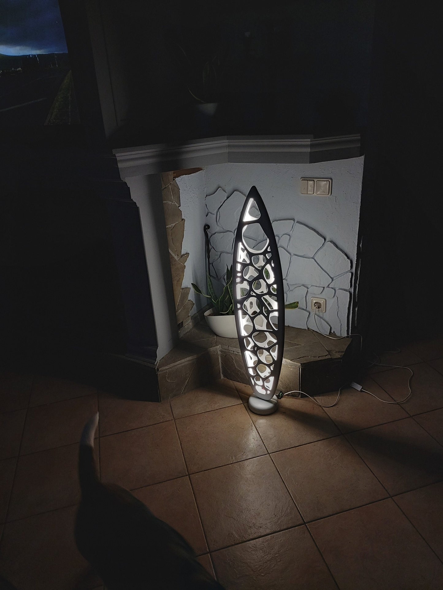Monstera Lamp - 42 inch Surfboard Shaped Wooden Floor Lamp with Monstera Carving