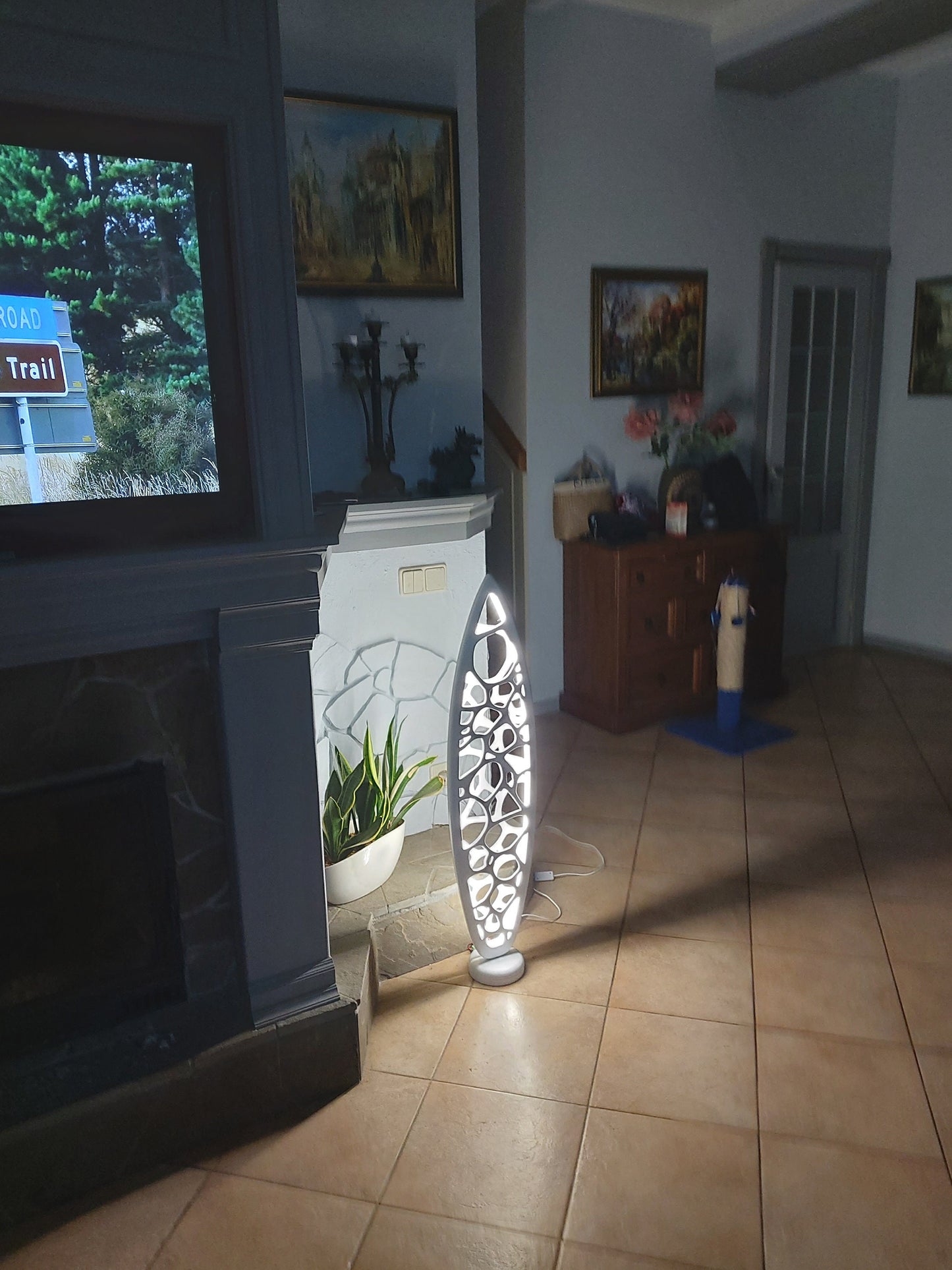 Monstera Lamp - 42 inch Surfboard Shaped Wooden Floor Lamp with Monstera Carving