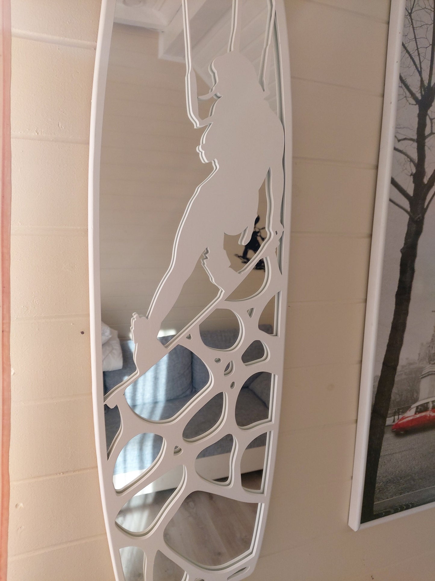 Full Body Oval Mirror in Blue Frame with White-Brown Stripes as Surfing Inspired Decor