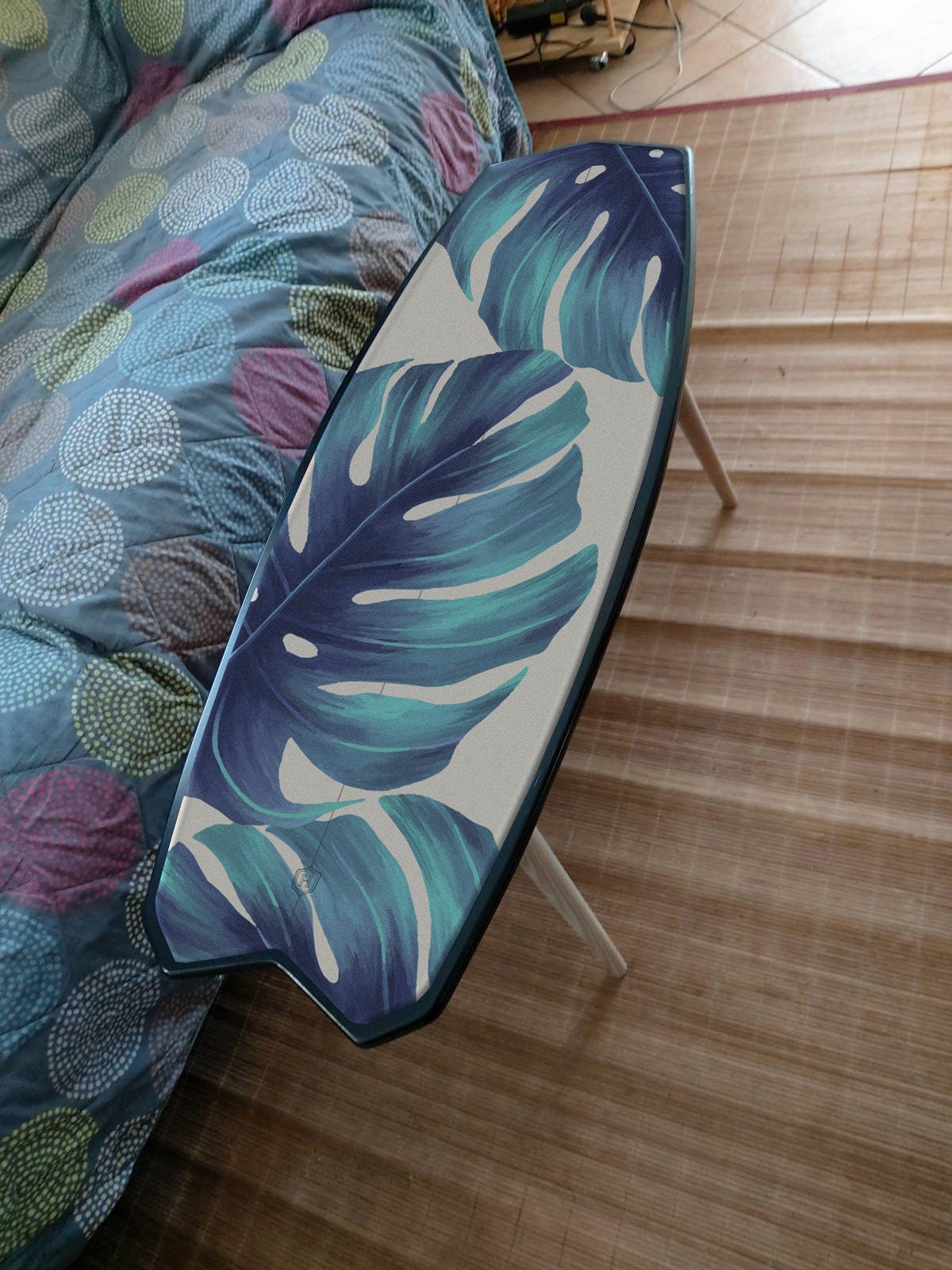Handcrafted White Coffee Table with Blue Monstera Leaves Printhite