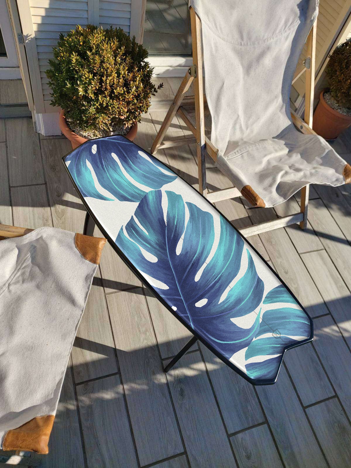 Handcrafted White Coffee Table with Blue Monstera Leaves Printhite