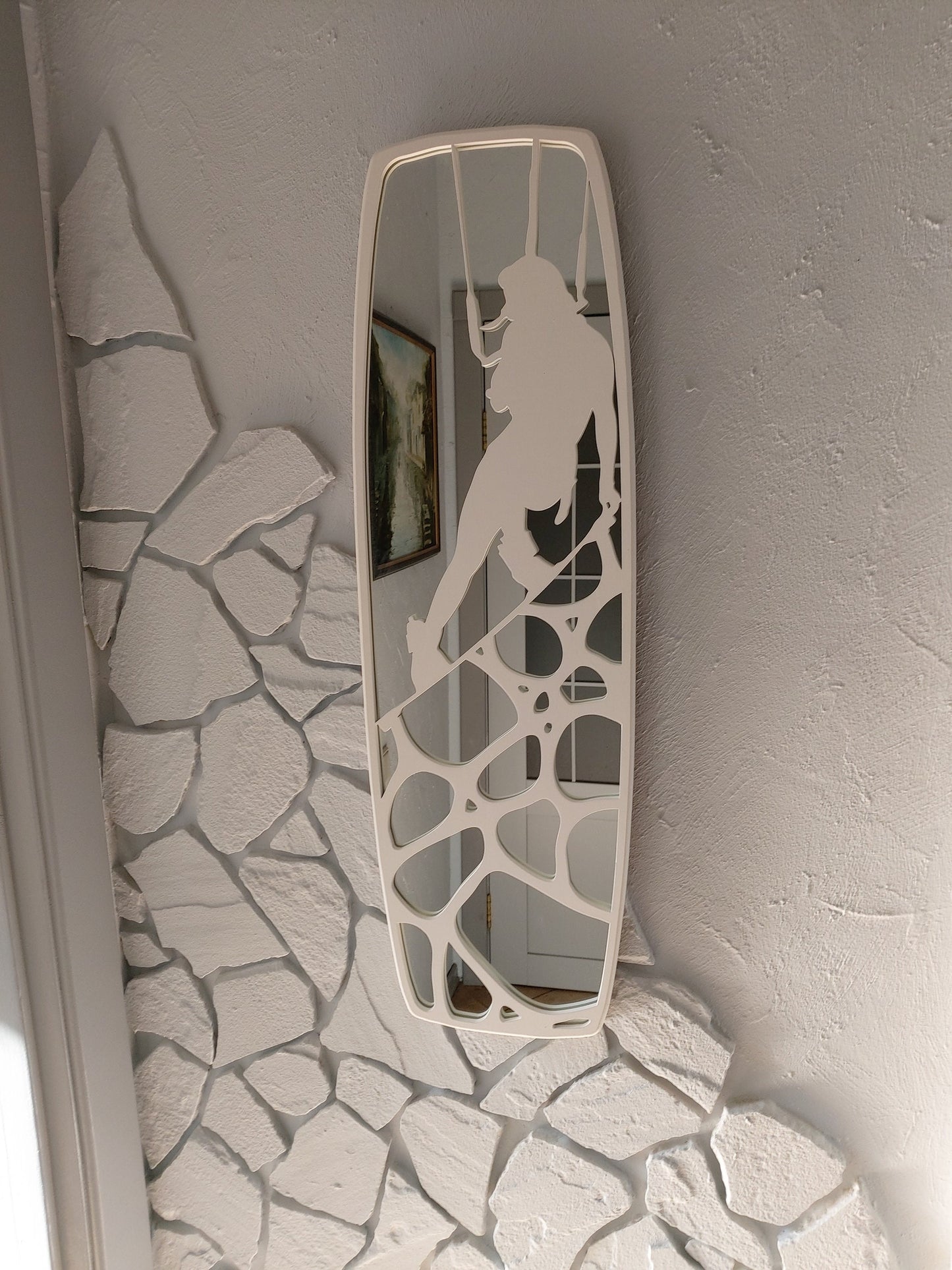 Full Body Oval Mirror in Blue Frame with White-Brown Stripes as Surfing Inspired Decor