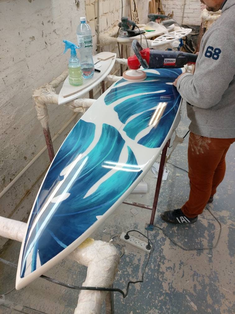 Handmade White Surfboard Wall Hanging with Blue-Emerald Monstera Leaves Pattern