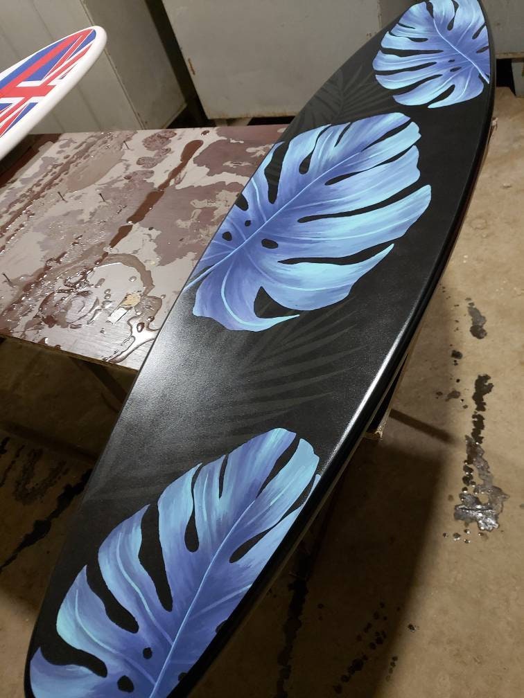 Handmade Decorative Wooden Surfboard with Monstera Leaves - Black & Blue for Tropical Beach Decor