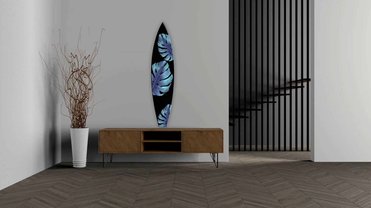 Handmade Decorative Wooden Surfboard with Monstera Leaves - Black & Blue for Tropical Beach Decor