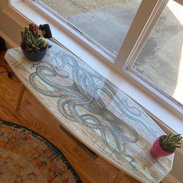 Fish Surfboard Asymmetric Coffee Table with Black Mandala Print