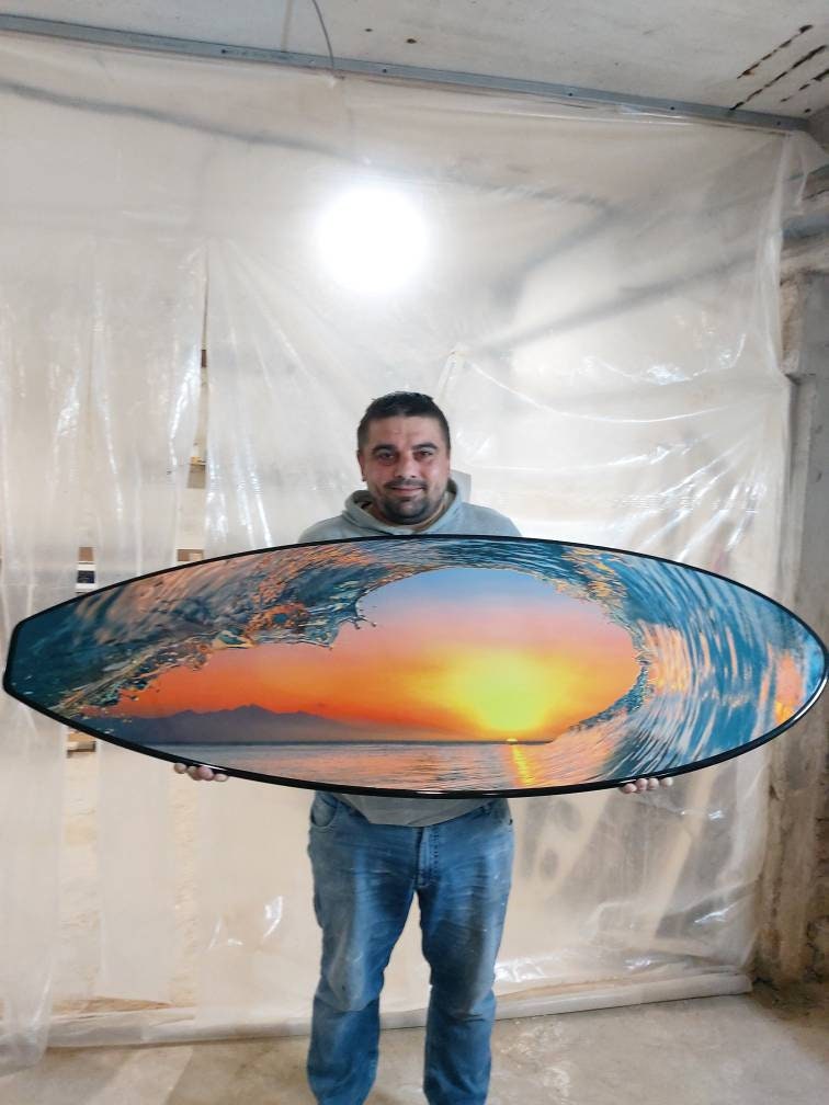 Vibrant Sunset Wave: Decorative Surfboard-Shaped Seascape Wall Hanging