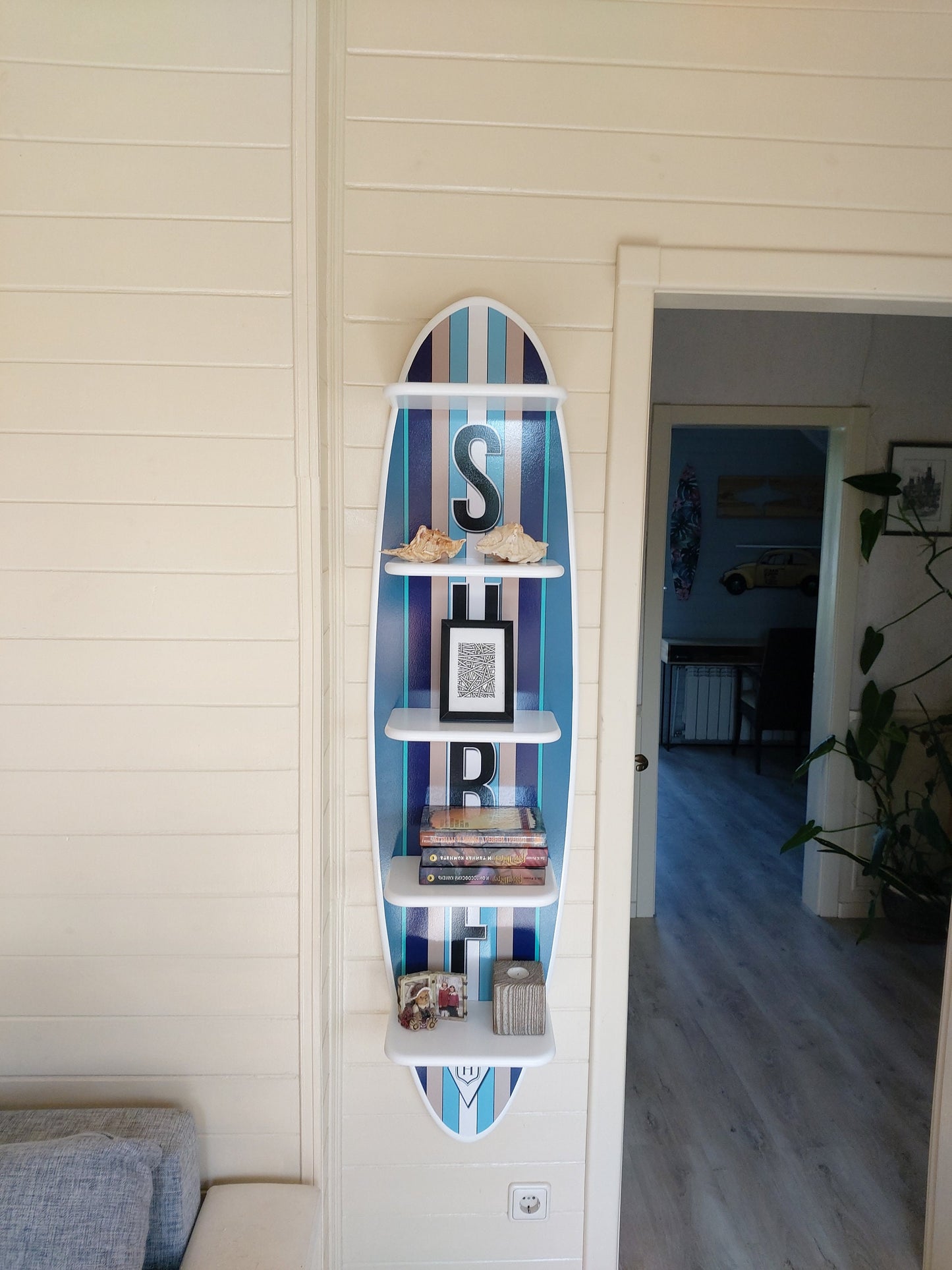 Wooden Surfboard Wall Shelf - Surfboard Wall Art, Wooden Bookshelf