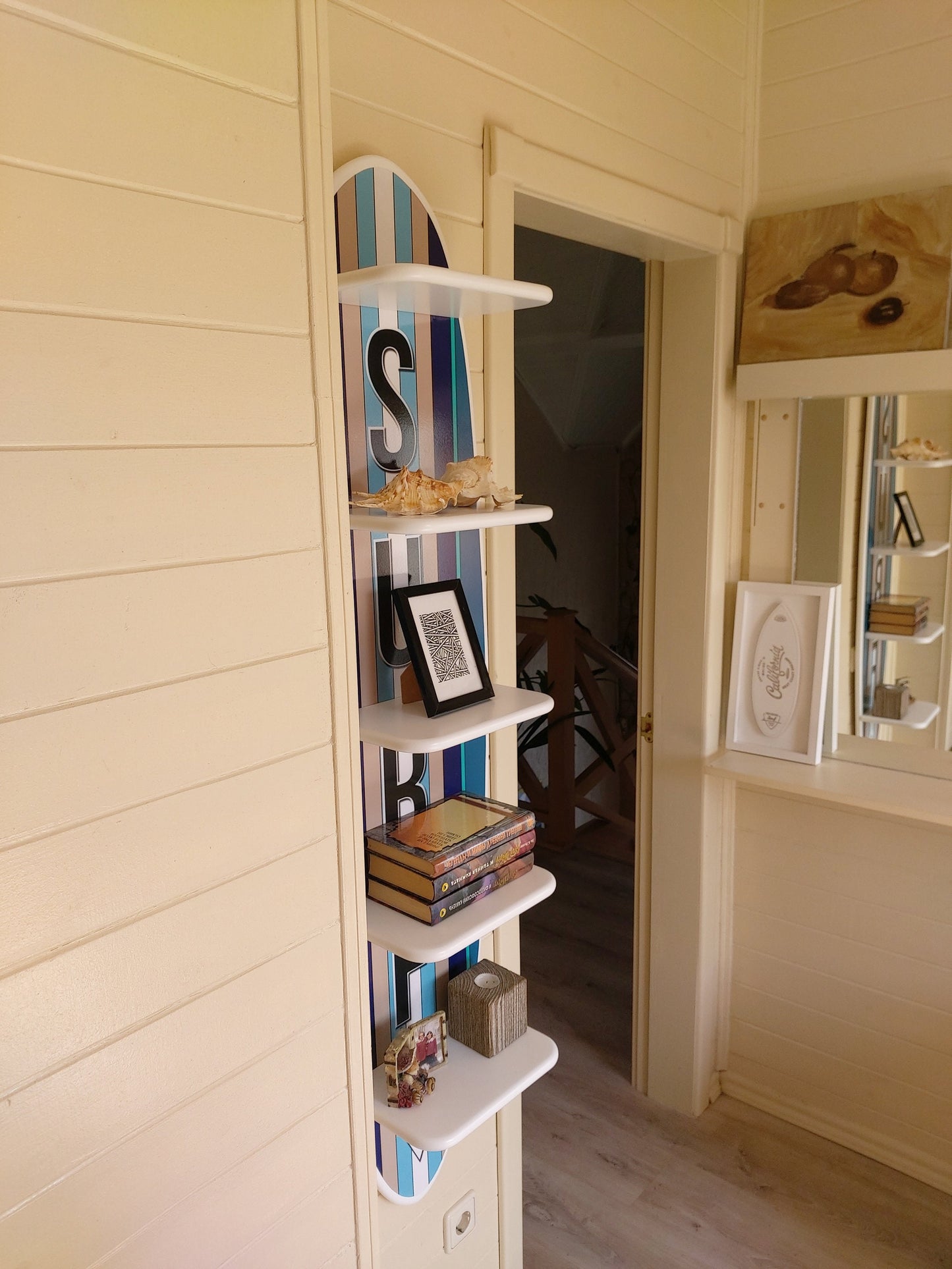 Wooden Surfboard Wall Shelf - Surfboard Wall Art, Wooden Bookshelf