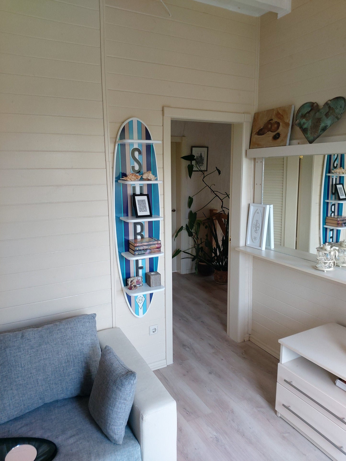 Wooden Surfboard Wall Shelf - Surfboard Wall Art, Wooden Bookshelf