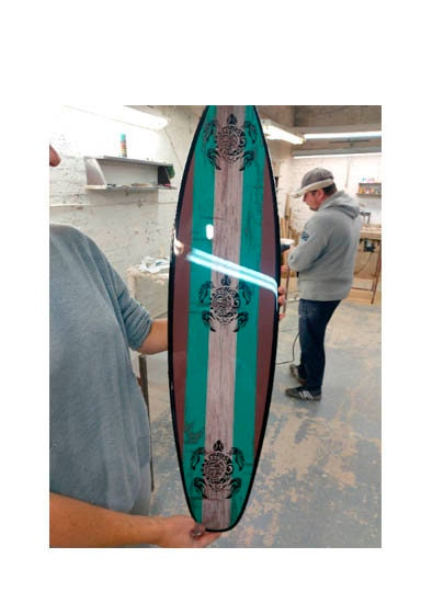 Interior Surfboard for Wall with Turtles Print: Driftwood Effect Wall Sign in Turquoise Decor