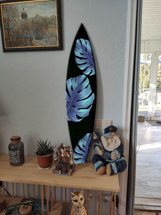 Handmade Decorative Wooden Surfboard with Monstera Leaves - Black & Blue for Tropical Beach Decor