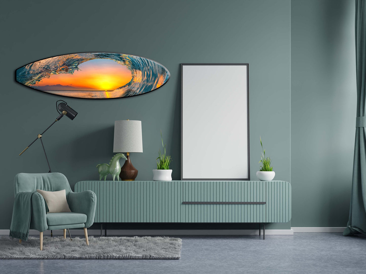 Vibrant Sunset Wave: Decorative Surfboard-Shaped Seascape Wall Hanging