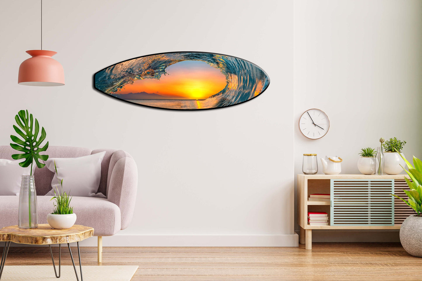 Vibrant Sunset Wave: Decorative Surfboard-Shaped Seascape Wall Hanging