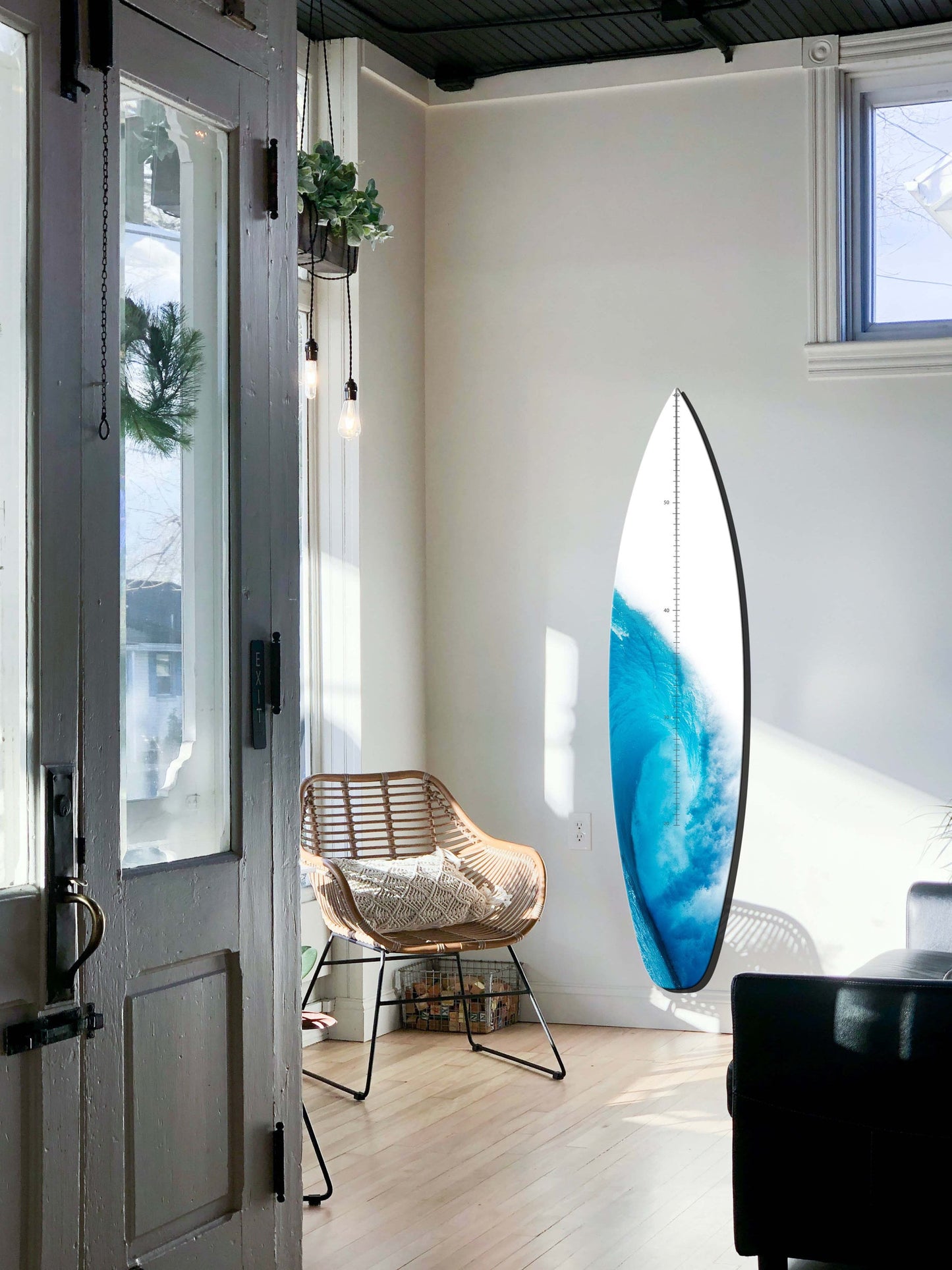 Surfboard Blue-White Wooden Kids Growth Chart with Wave Print