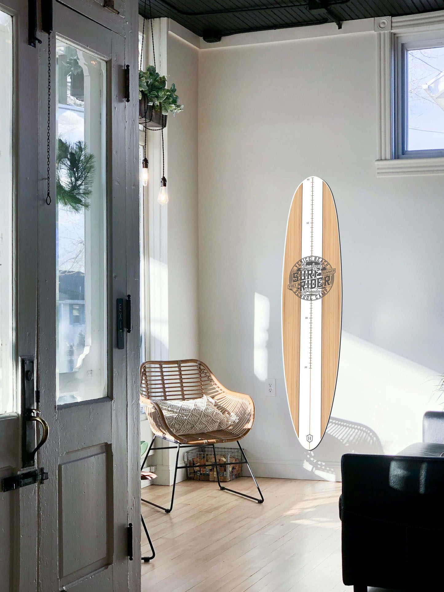 Surfboard Blue-White Wooden Kids Growth Chart with Wave Print