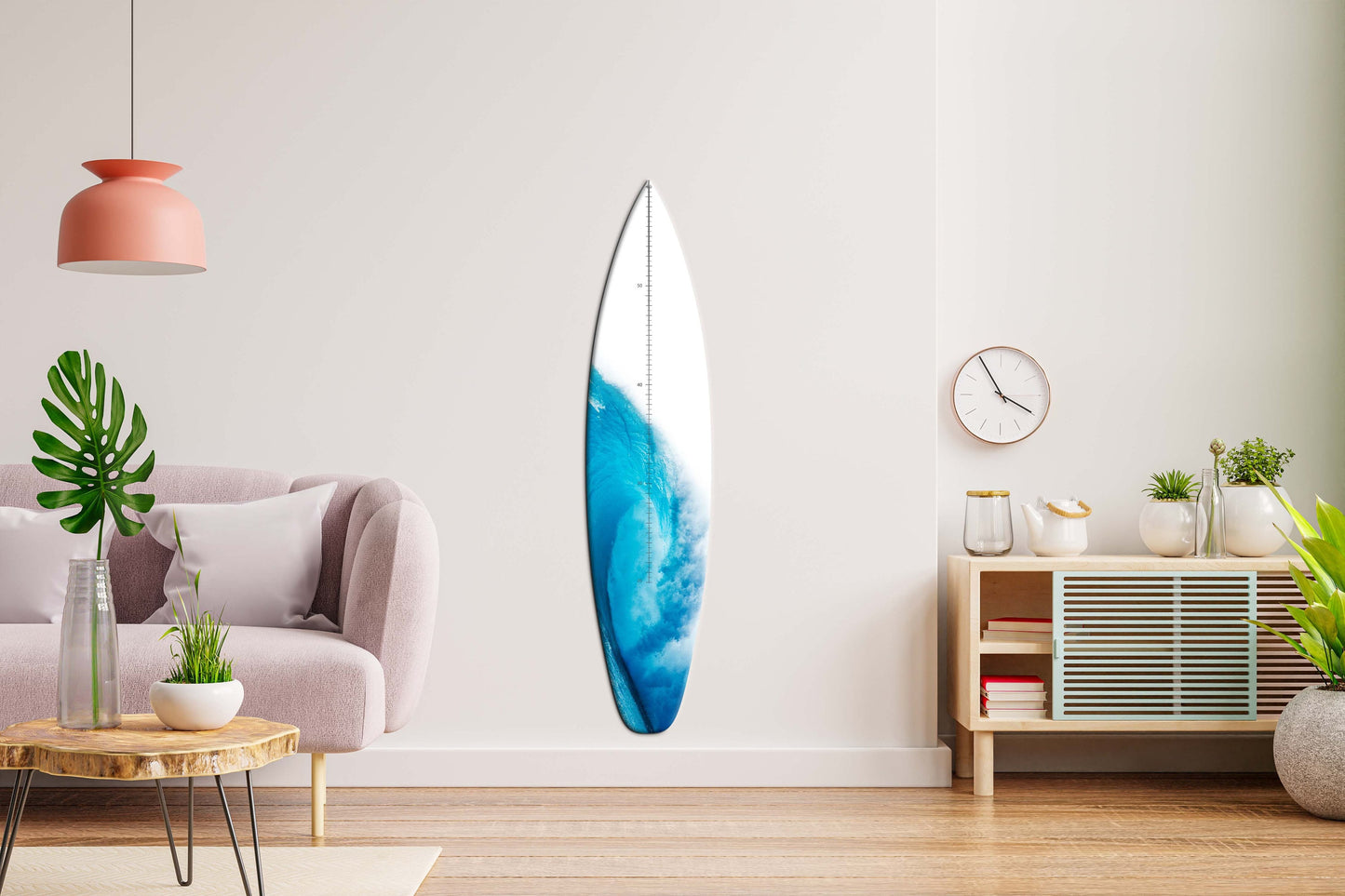 Surfboard Blue-White Wooden Kids Growth Chart with Wave Print