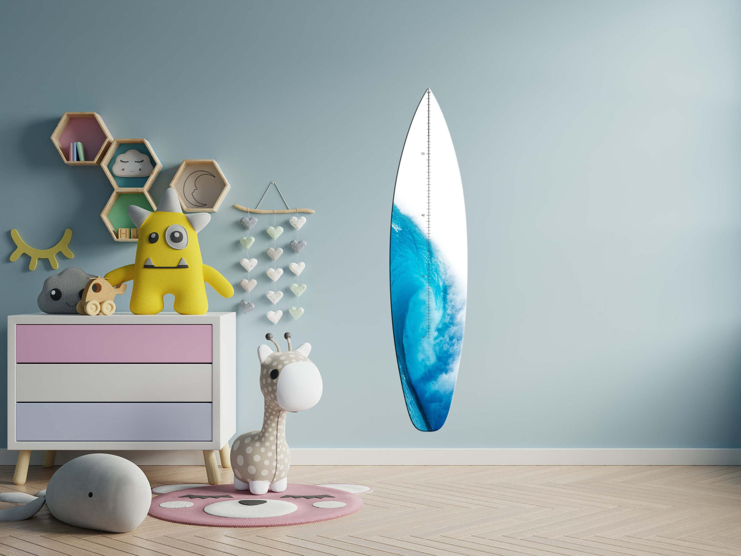 Surfboard Blue-White Wooden Kids Growth Chart with Wave Print