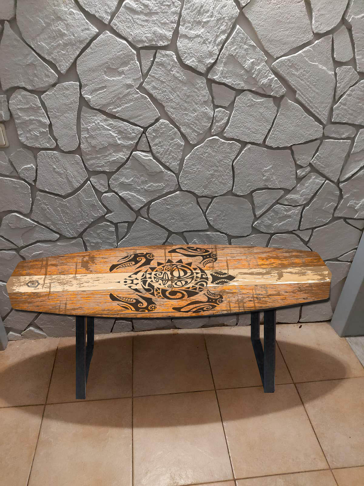 Antique Shabby Coffee Table with Abstract Turtle Graphic