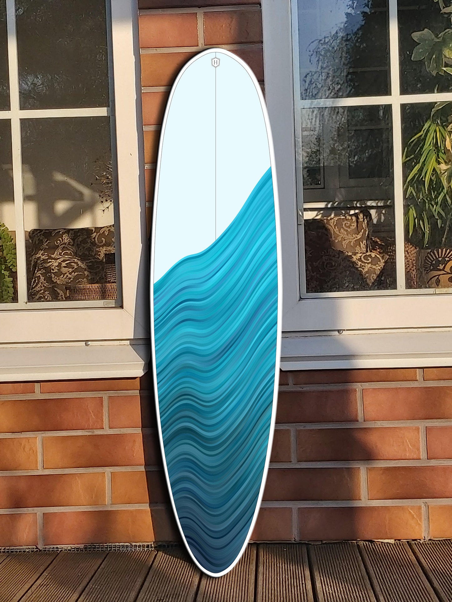 50' Decorative Wooden Surfboard Wall Hanging with Blue Ocean Wave Pattern