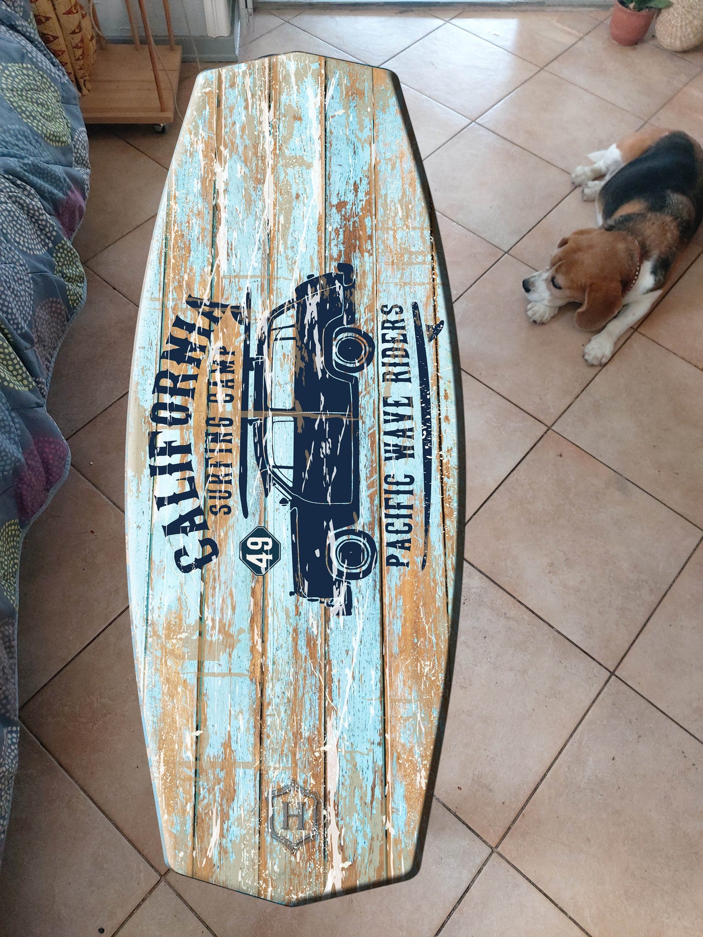 Vintage Surfboard Shaped Indoor Bench with Tourist Car Print - California Surfing Camp: Pacific Wave Riders