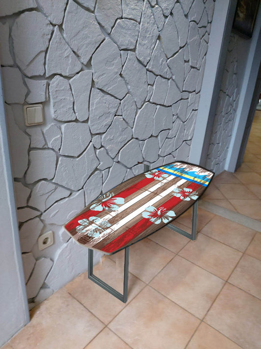 Surfboard Handcrafted Bench with blue Hawaiian Flowers - Hibiscus Flowers