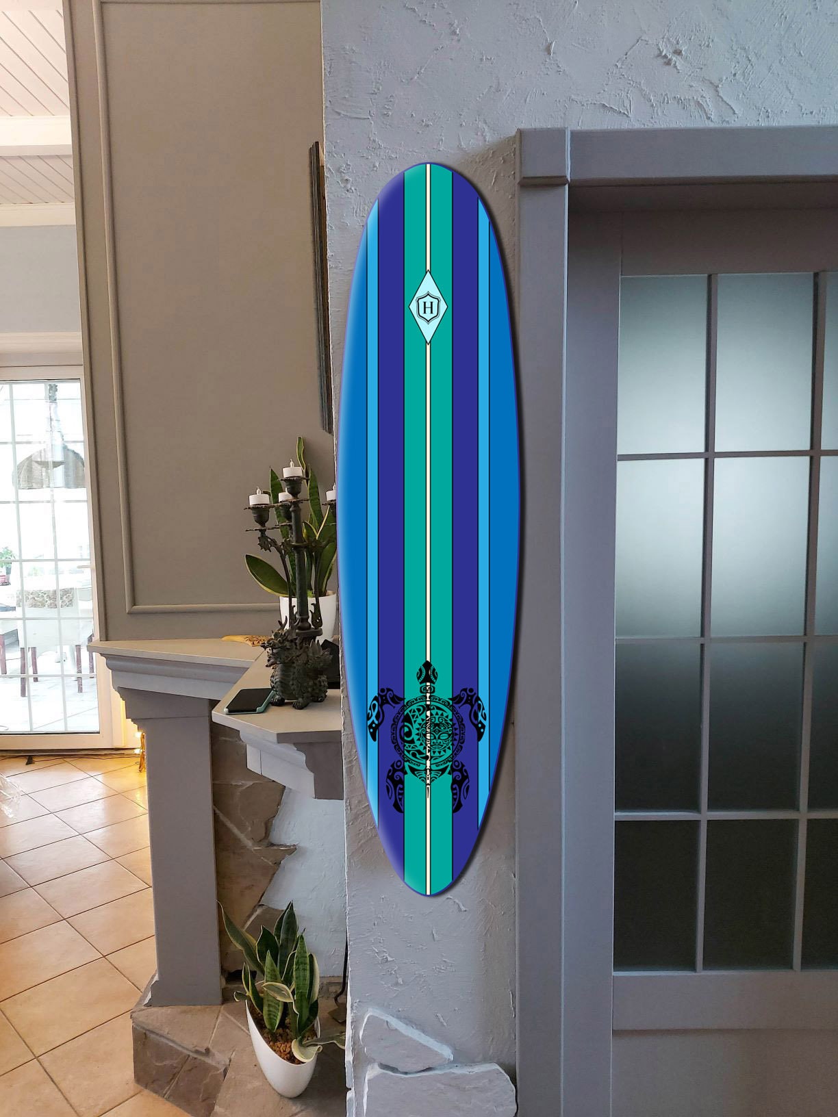 50' Decorative Wooden Surfboard Wall Hanging with Blue Ocean Wave Pattern