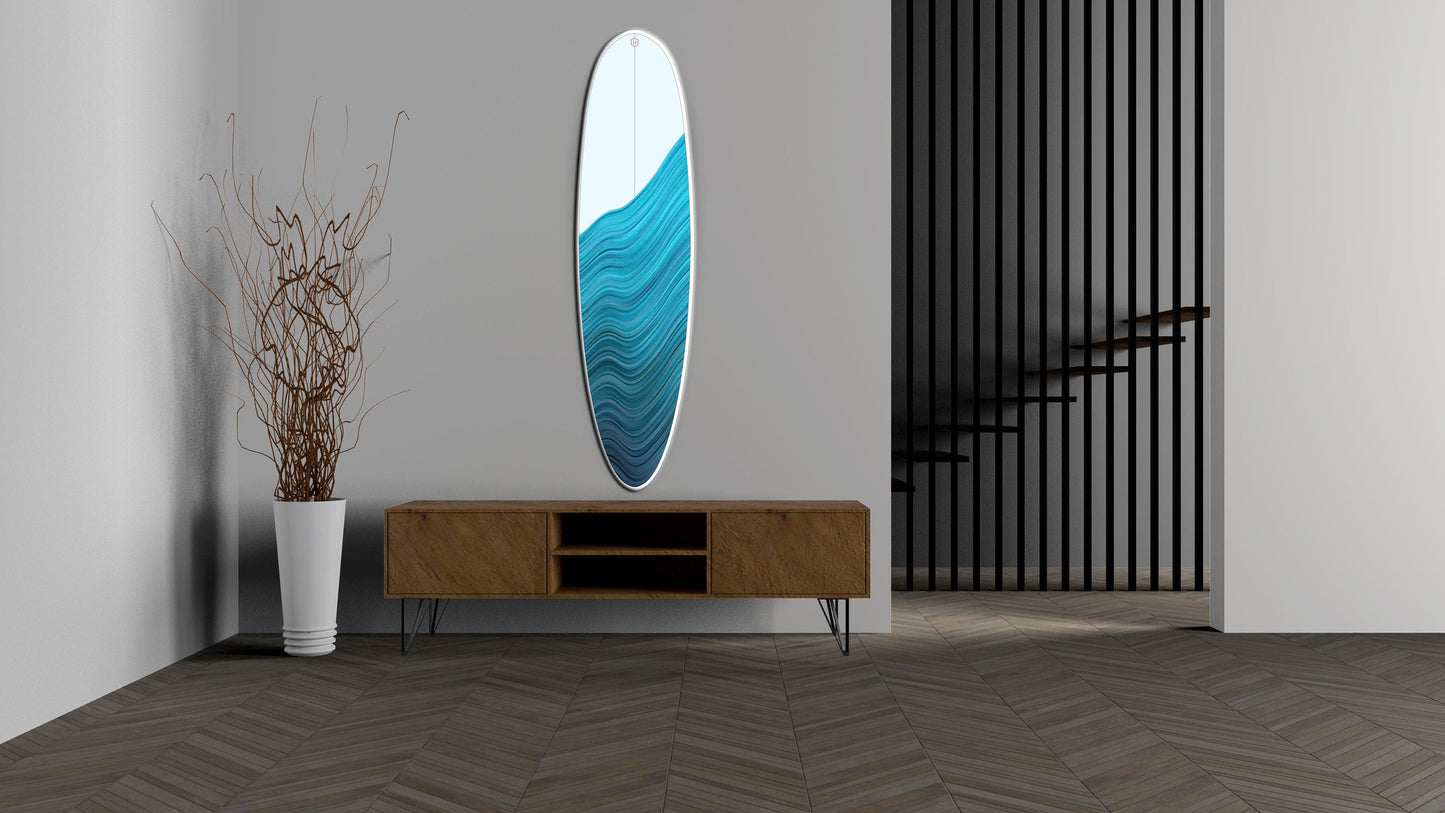 50' Decorative Wooden Surfboard Wall Hanging with Blue Ocean Wave Pattern