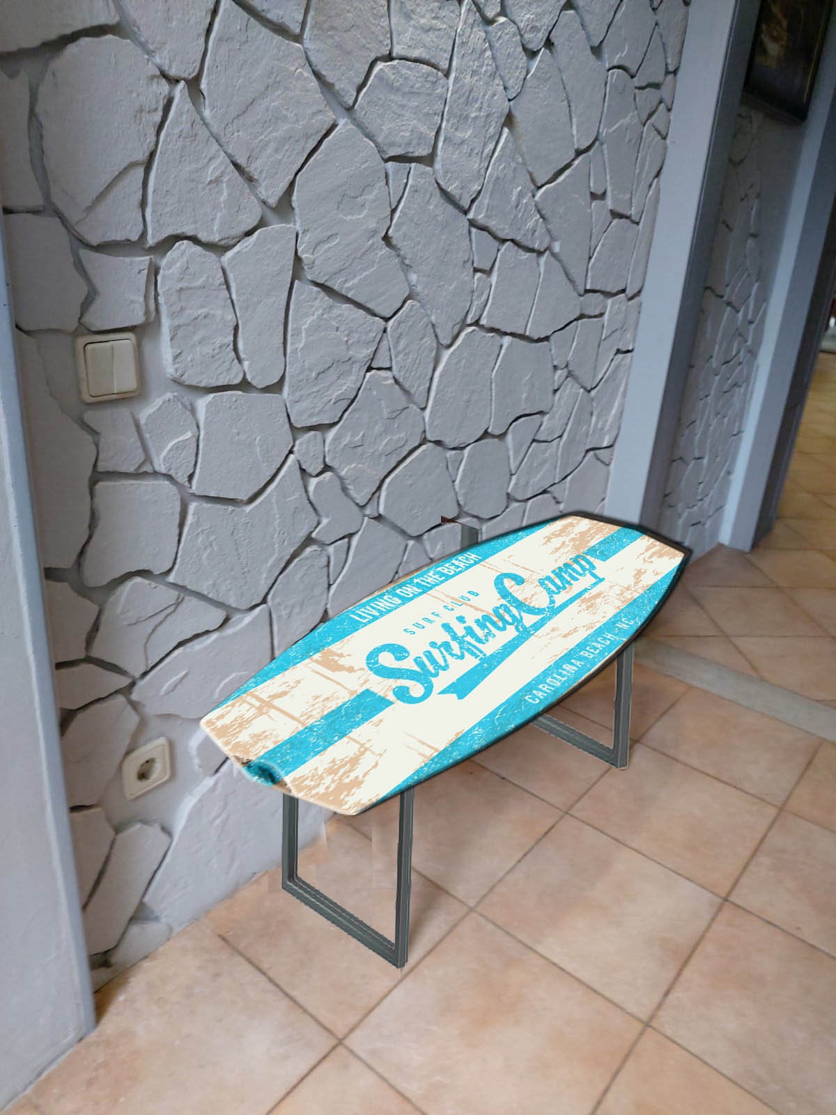 Surfboard Antique Style Wooden Bench in White and Blue Colors: Surf Club “Surfing Camp”