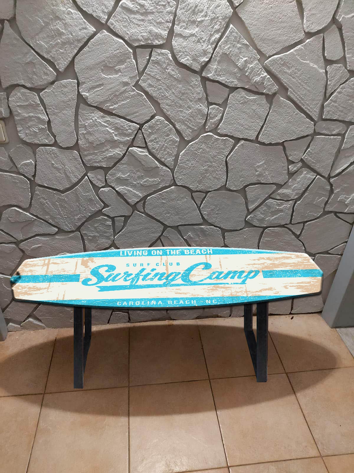 Surfboard Antique Style Wooden Bench in White and Blue Colors: Surf Club “Surfing Camp”