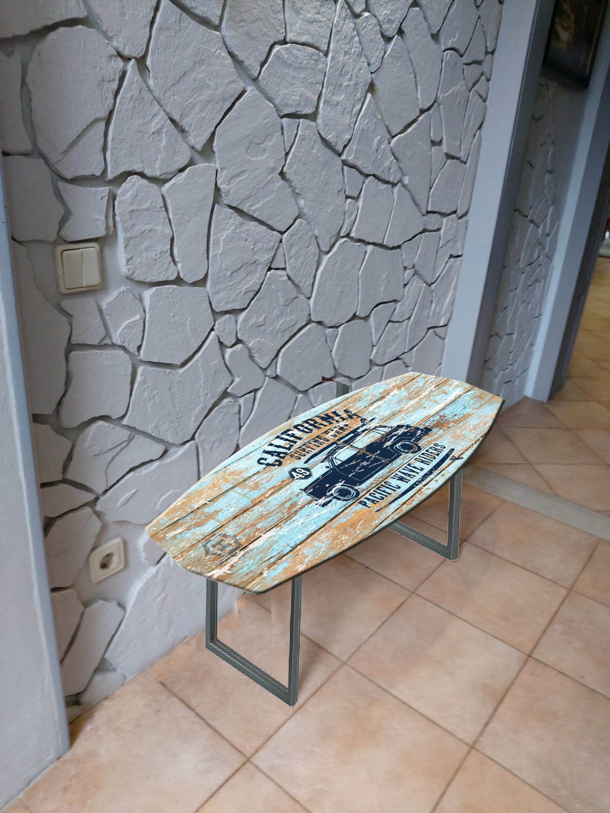 Vintage Surfboard Shaped Indoor Bench with Tourist Car Print - California Surfing Camp: Pacific Wave Riders