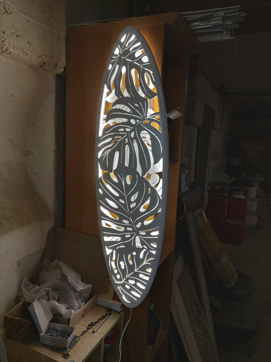 Monstera Lamp - 42 inch Surfboard Shaped Wooden Floor Lamp with Monstera Carving