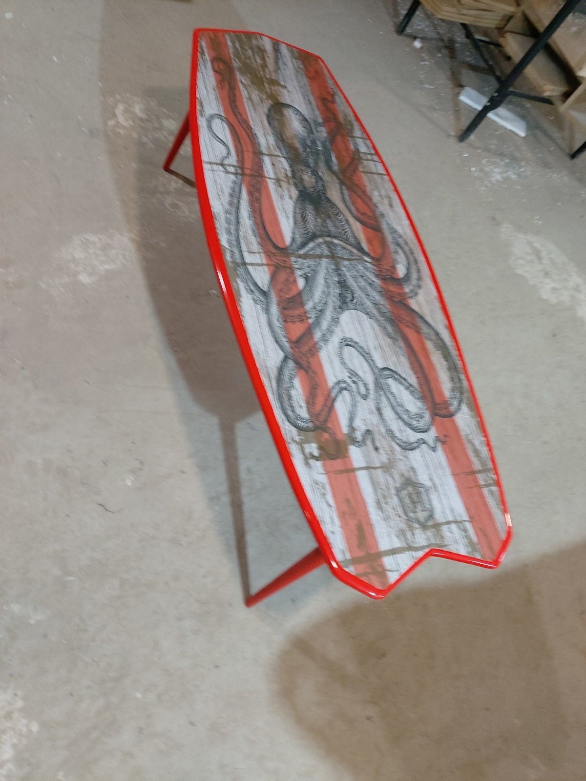 Handcrafted White and Red Octopus Print Low Coffee Table
