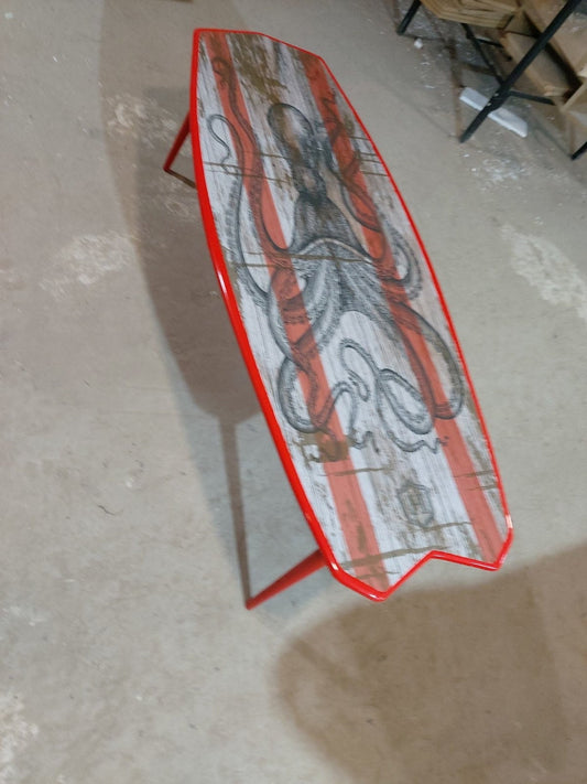 Handcrafted White and Red Octopus Print Low Coffee Table
