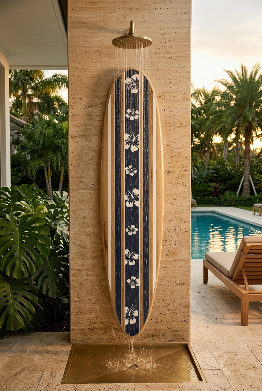 Luxury Hawaiian Surfboard Outdoor Shower Panel - Handcrafted Marine-Grade Timber Poolside Decor