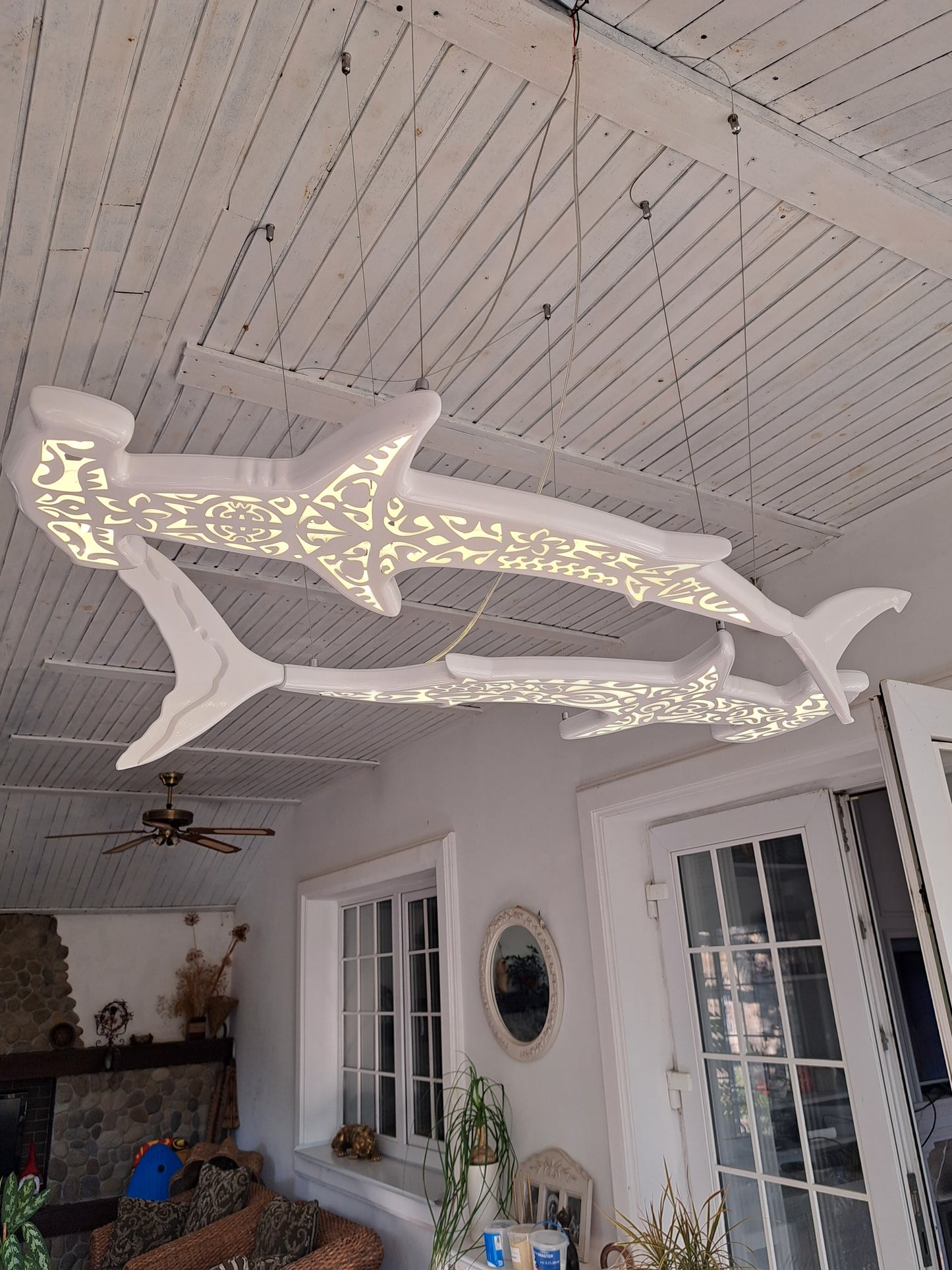Handmade wood ceiling chandelier with 2 hammerhead sharks: LED wall light for beach coastal or nautical Maori surfing style room decor