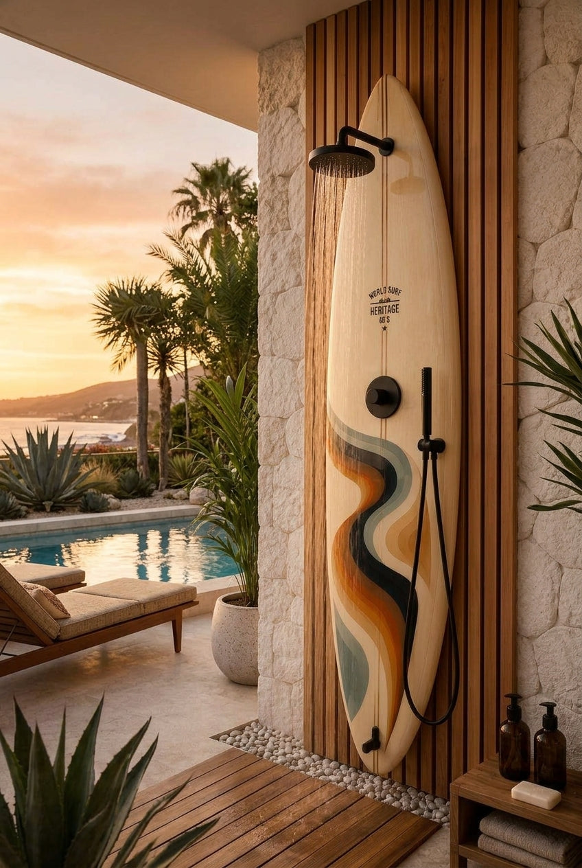 Retro Surfboard Shower Panel Flow - World Surf Heritage Collection Luxury California Pool Shower