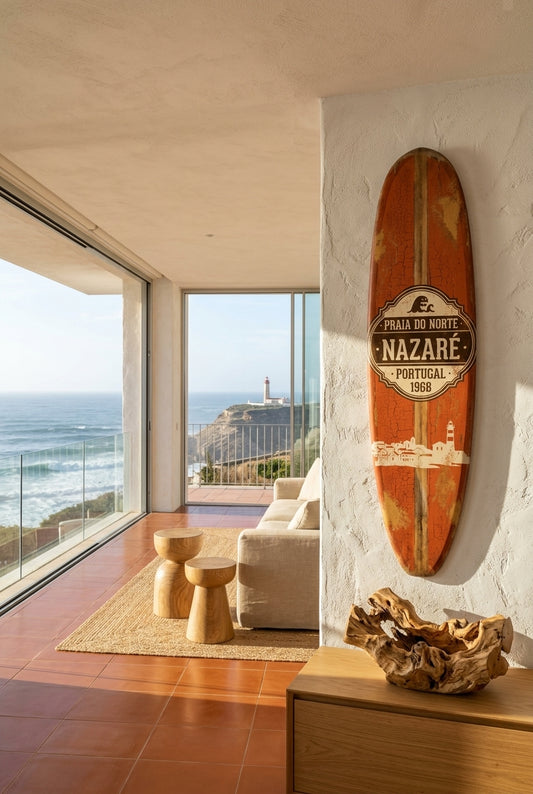 Vintage Surf Decor Praia do Norte Board in cliffside Portuguese luxury villa overlooking Nazare Atlantic swells