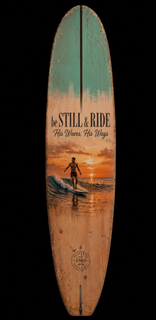 Be Still and Ride Vintage Surfboard Wall Art Handcrafted Timber Board Detail