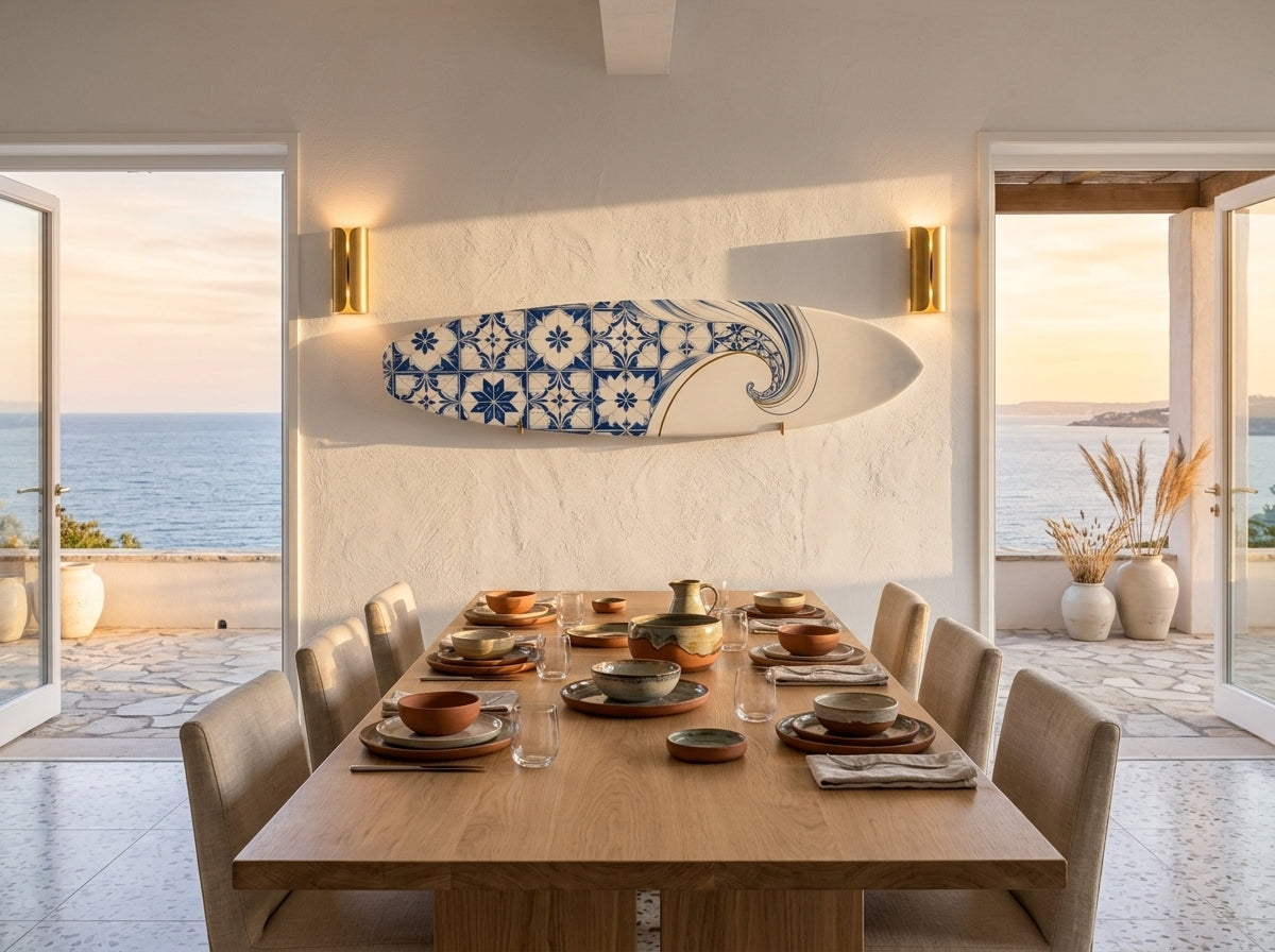 Portuguese Azulejo Surfboard Wall Art above dining table sunset ocean view horizontal placement