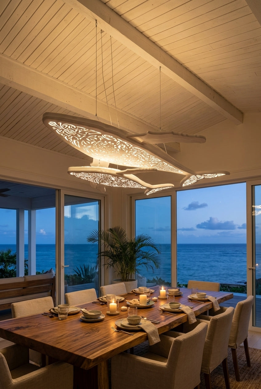 Whale and Calf LED chandelier glowing above a wooden dining table in a coastal beach house overlooking the ocean.