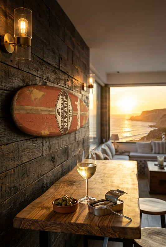 Vintage Surf Decor Praia do Norte Board in atmospheric sunset Portuguese coastal wine lounge overlooking Nazare cliffs