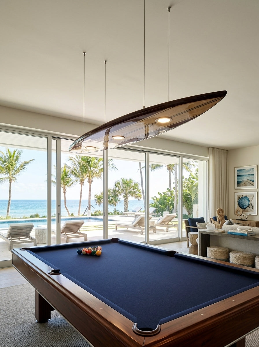 Surfboard Pool Table Light in luxury coastal game room living villa