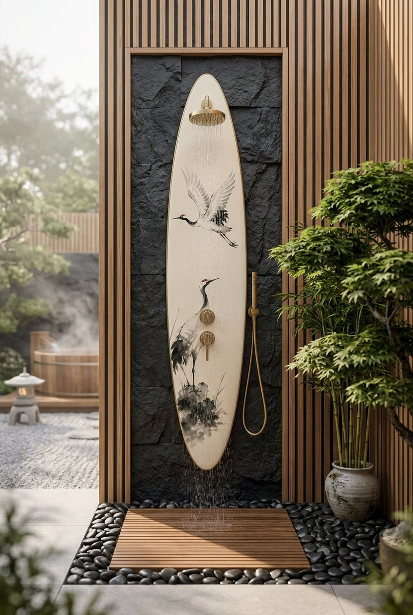 Japanese Crane Outdoor Shower Panel - Japandi Zen Spa Courtyard Luxury Pool Decor