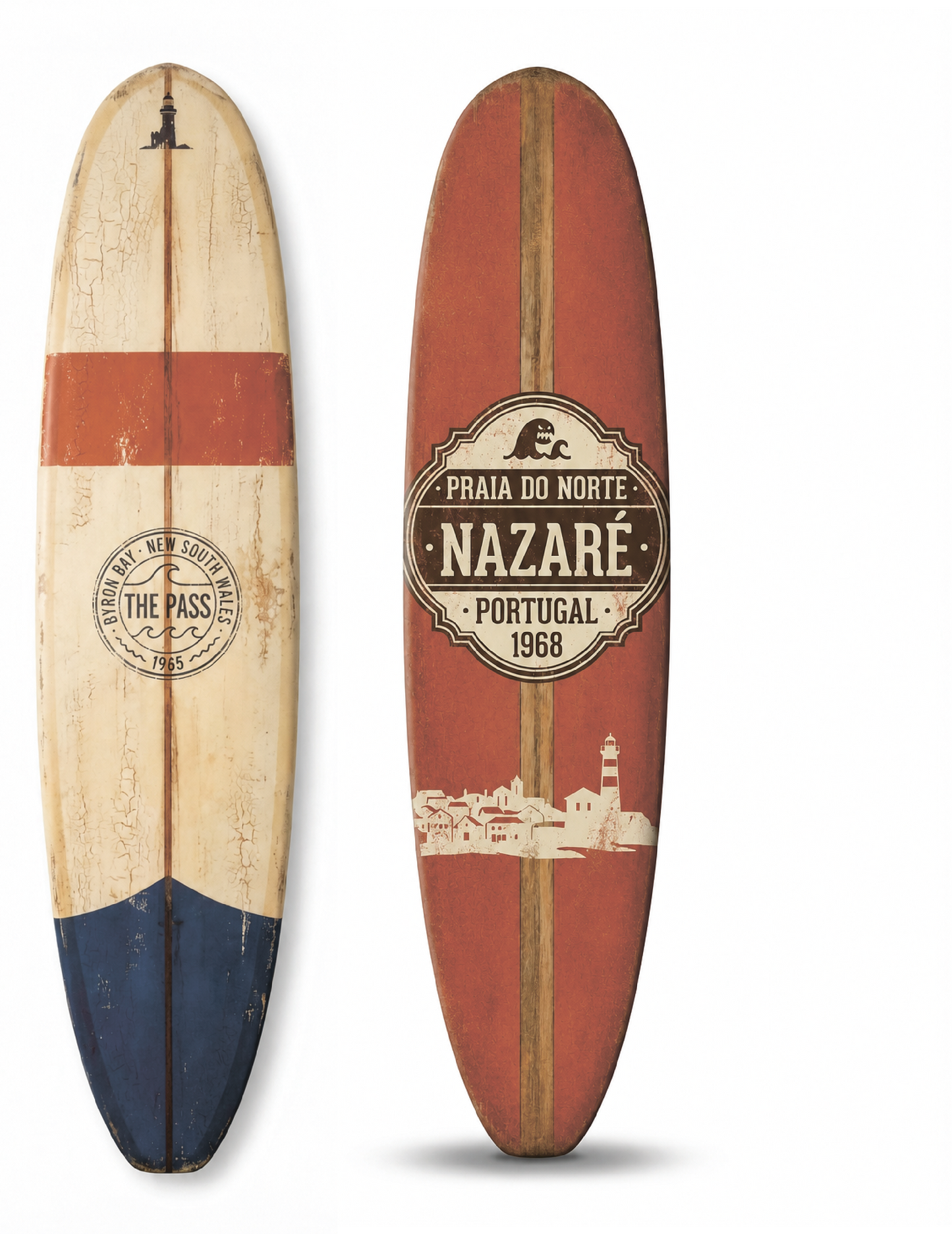 80 inch Nazare orange (Praia Do Norte) and the Byron Bay (The Pass) boards, Surf Heritage Set.