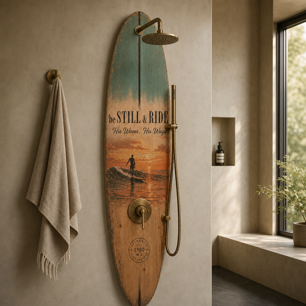 Surfboard Shower Panel – Retro Beach Design