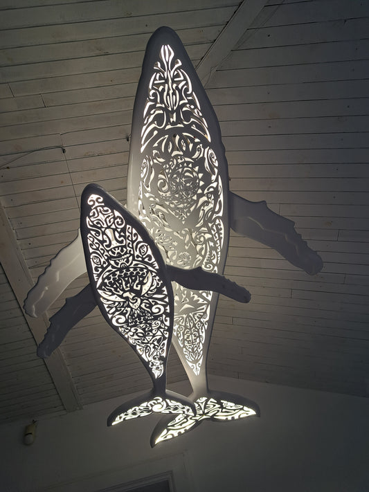 Blue pattern 72 inches Whale and baby whale ceiling chandelier:led lamps for beach coastal or nautical home room decor in Maori surf style
