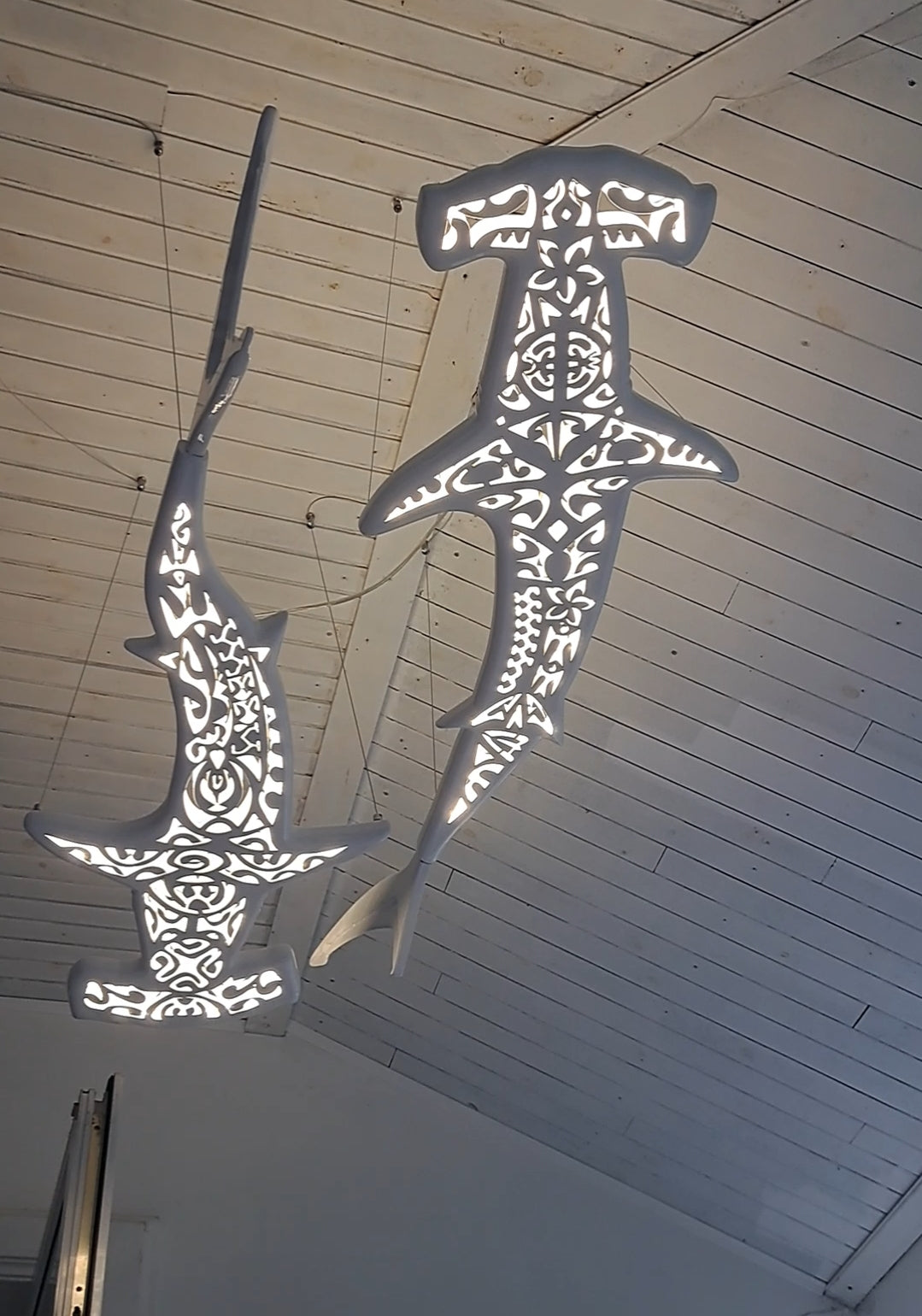 Handmade wood ceiling chandelier with 2 hammerhead sharks: LED wall light for beach coastal or nautical Maori surfing style room decor