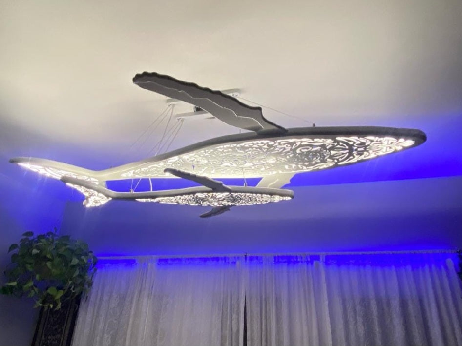 Blue pattern 72 inches Whale and baby whale ceiling chandelier:led lamps for beach coastal or nautical home room decor in Maori surf style