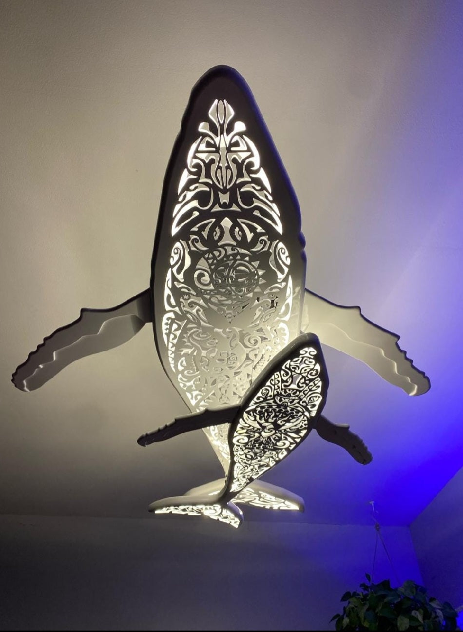 Blue pattern 72 inches Whale and baby whale ceiling chandelier:led lamps for beach coastal or nautical home room decor in Maori surf style